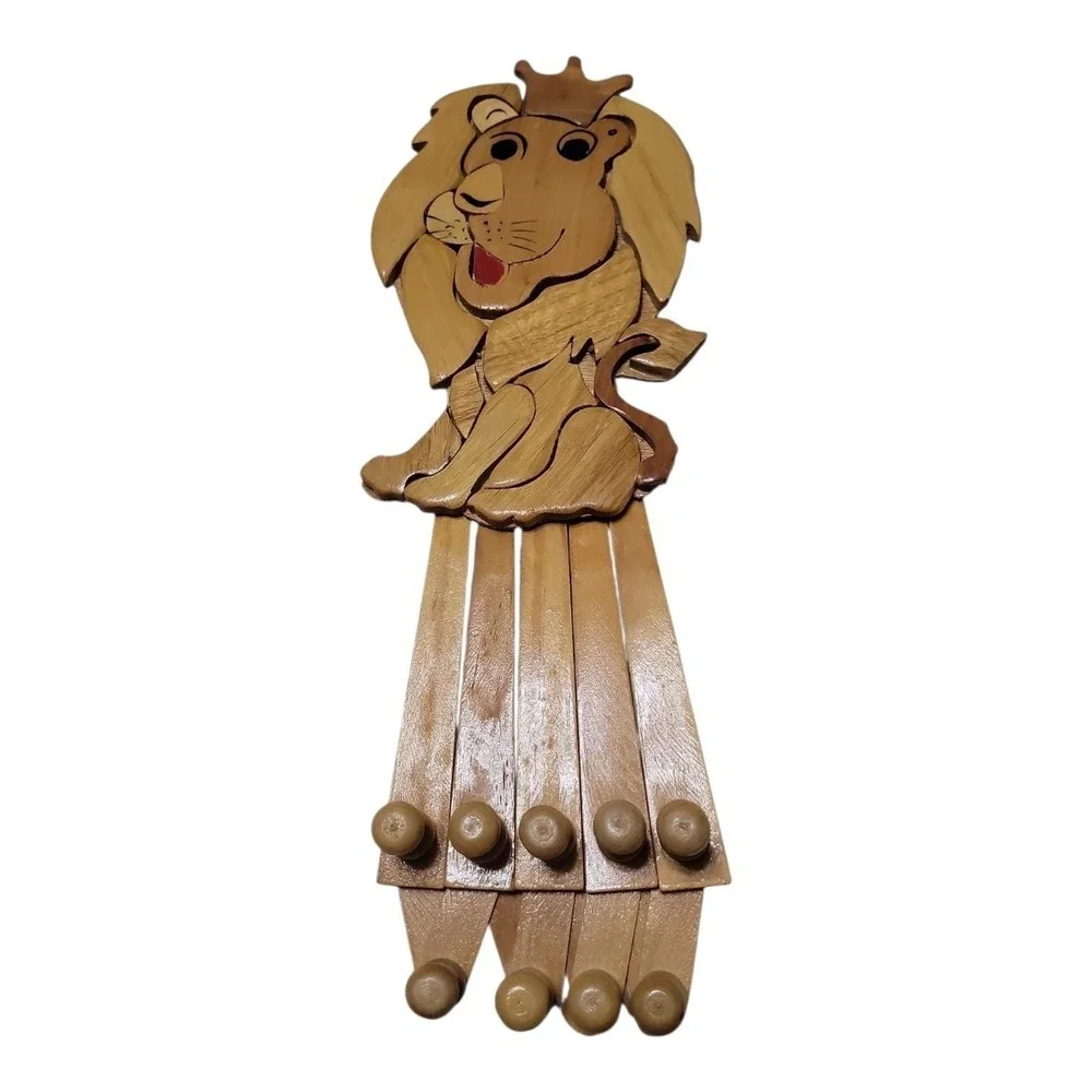 Wooden Lion Accordion Wall Rack 9 Peg Expandable Coat Hat Hanger Nursery Decor